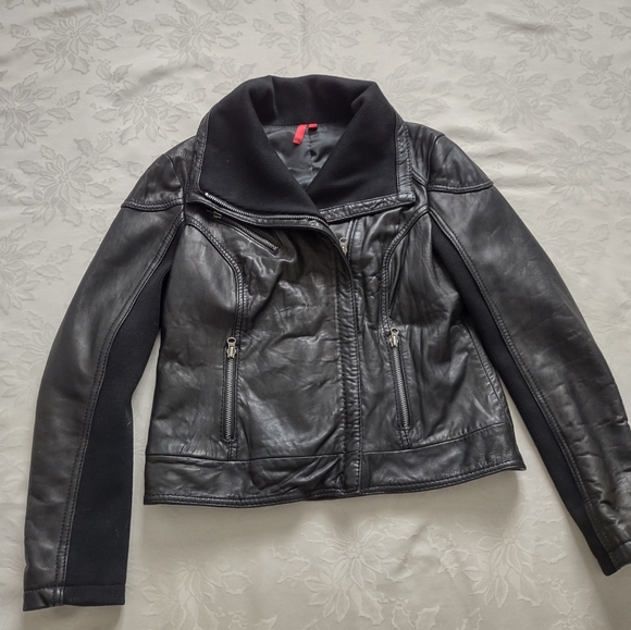 Saks leather wool blend knit trim wrap collar asymmetric zip closure moto jacket - Picture 1 of 16
